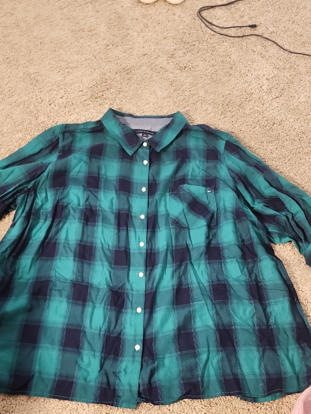 Tommy Hilfiger Navy & Green Plaid Shirt with Brand Label